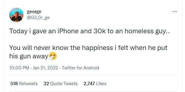 george G3_Or_ge Today i gave an iPhone and 3Ok to an homeless guy. You will neve