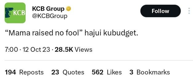 Kcb group kcbi kcbgroup follow mama raised no fool hajui kubudget. 7.00 12 oct 2