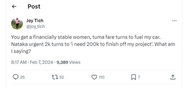 Post joy tich joy_tich you get a financially stable women, tuma fare turns to fu