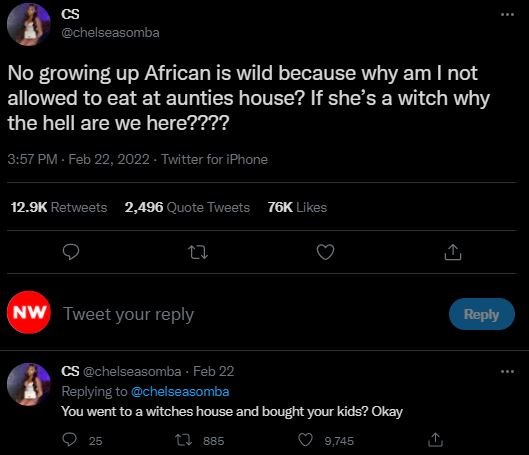 CS chelseasomba No growing up African is wild because why am I not allowed to ea