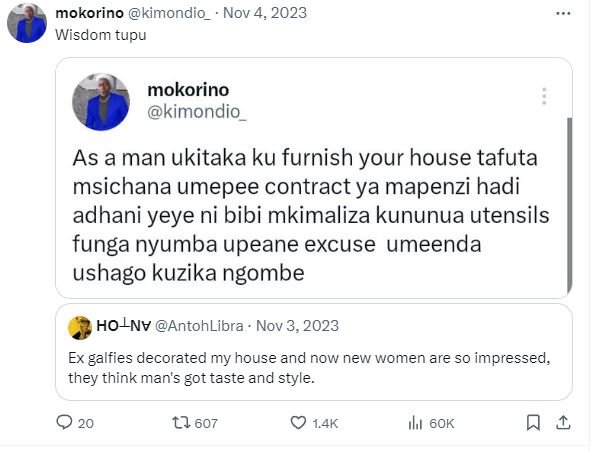 Mokorino kimondio_ nov 4, wisdom tupu mokorino kimondio as a man ukitaka ku furn