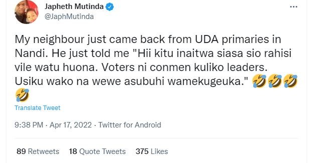 Japheth mutinda japhmutinda my neighbour just came back from uda primaries in na