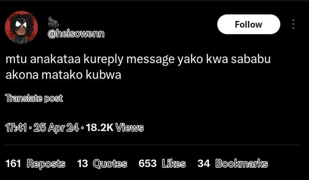 Follow heisowenn mtu anakataa kureply message yako kwa sababu akona matako kubwa