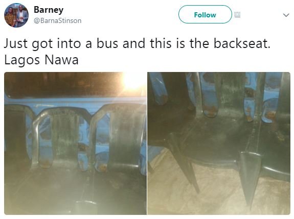 Barney barnastinson follow just got into a bus and this is the backseat. lagos n