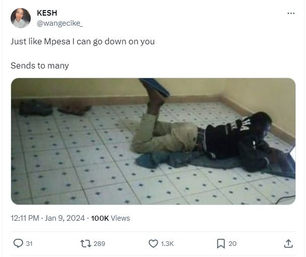 Kesh wangecike just like mpesa can g0 down on you sends to many 12.11 pm jan 9,