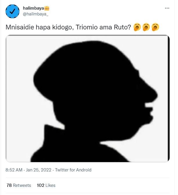 halimbaya halimbaya Mnisaidie hapa kidogo Triomio ama Ruto? 852 AM Jan 25, Twitt