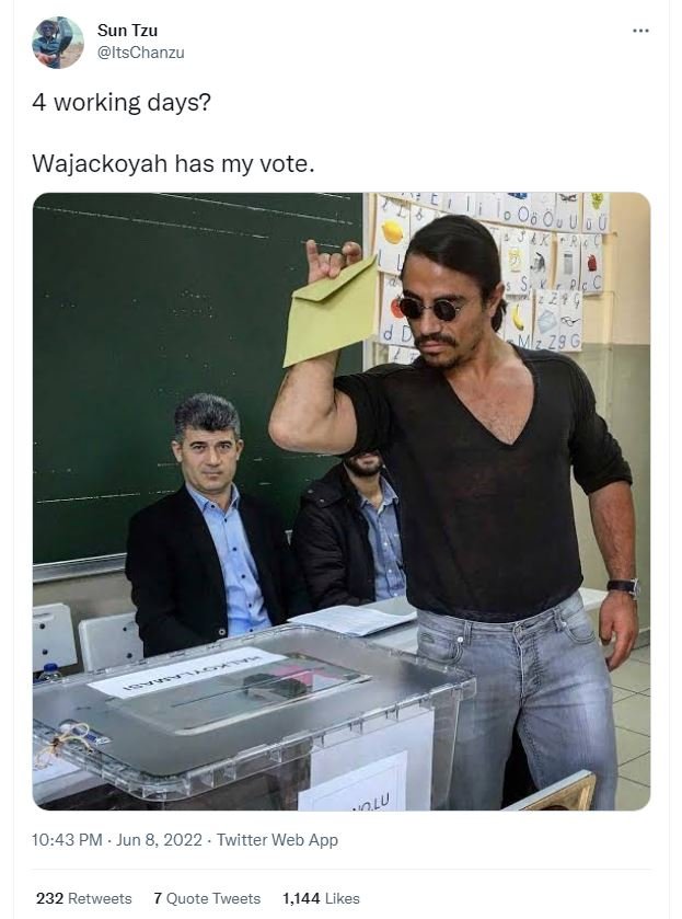 Sun tzu itschanzu working days? wajackoyah has my vote 29 0 10.43 pm jun 8, twit