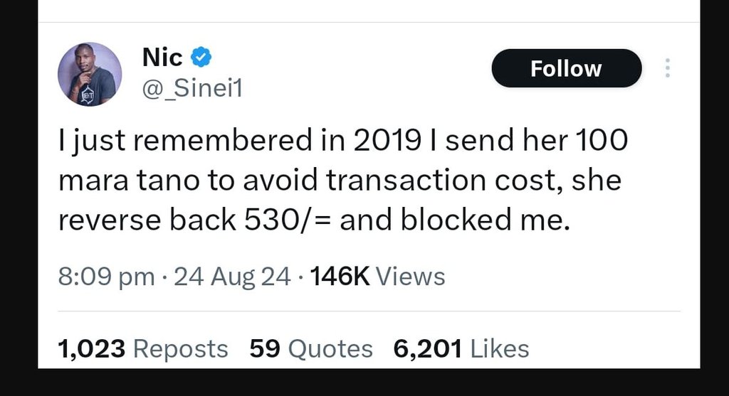 Nic _sineil follow ijust remembered in i send her 100 mara tano to avoid transac