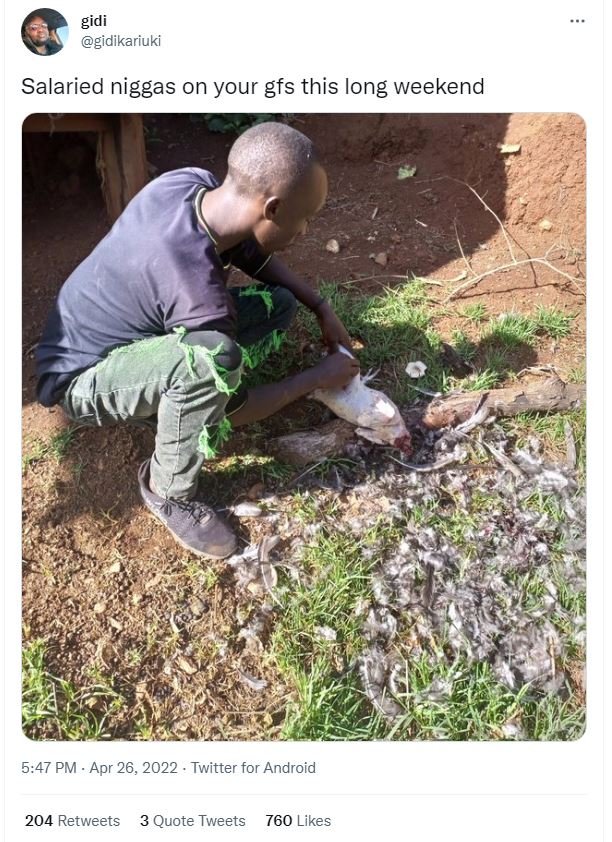 Gidi gidikariuki salaried niggas on your gfs this long weekend 5.47 pm . apr 26,