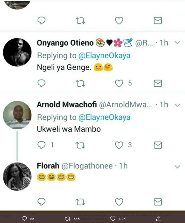 22 Onyango Otieno 8 R. Ih Replying to ElayneOkaya Ngeli ya Genge. 27 5 Arnold Mw