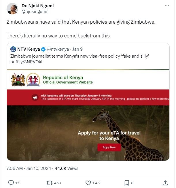 Dr. njoki ngumi njokingumi zimbabweans have said that kenyan policies are giving