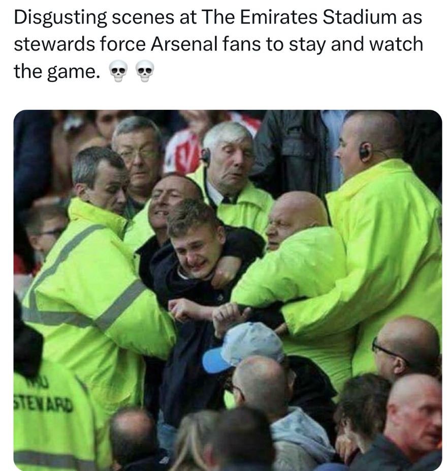 Disgusting scenes at the emirates stadium as stewards force arsenal fans to stay