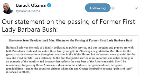 Barack obama barackobama following our statement on the passing of former first