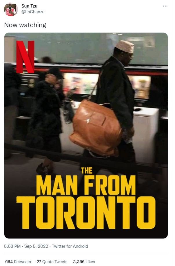 Sun tzu itschanzu now watching the man from toronto 558 pm sep 5. twitter for an