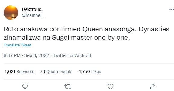 Dextrous mainneli_ ruto anakuwa confirmed queen anasonga. dynasties zinamalizwa