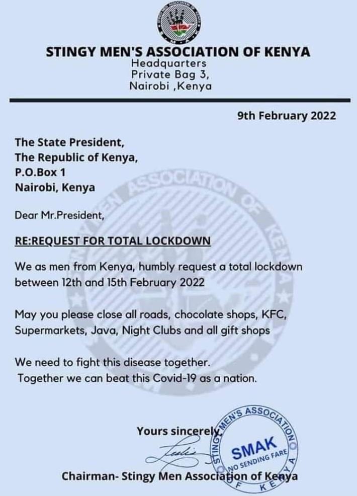 4 STINGY MEN'S ASSOCIATION OF KENYA Headquarters Private Bag 3, Nairobi ,Kenya 9