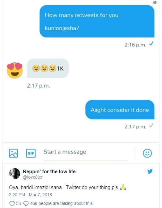 How many retweets for you kunionjesha? 2.16 pm. 1k 217 p.m aiight consider it do