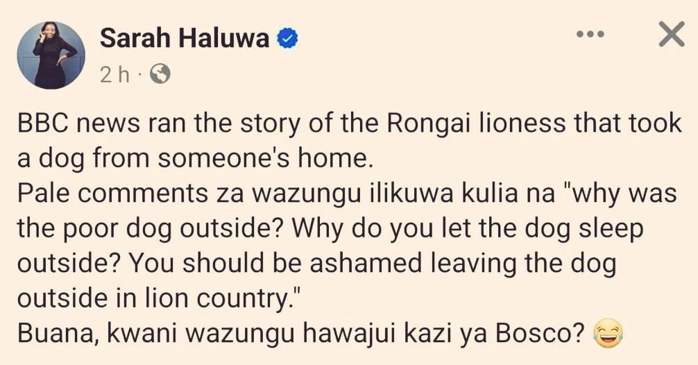 Sarah haluwa 2 h bbc news ran the story of the rongai lioness that took a dog fr