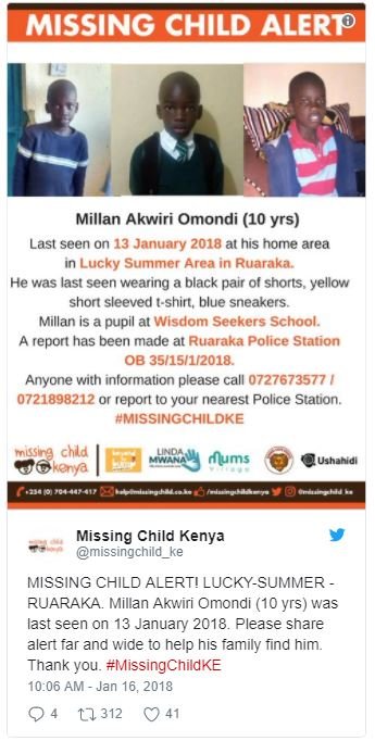 Missing child alert millan akwiri omondi 10 yrs last seen on 13 january at his h