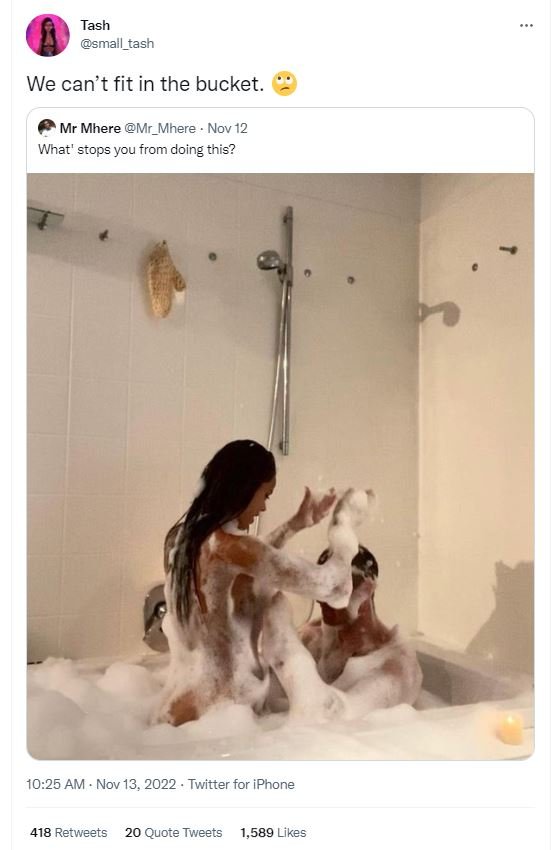 Tash small_tash we can't fit in the bucket. mr mhere mr_mhere nov 12 wnat' sops