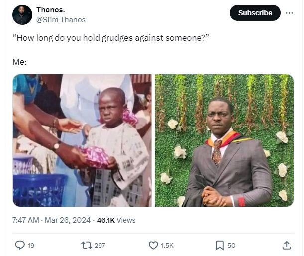 Thanos slim_thanos subscribe how long do you hold grudges against someone? me 74