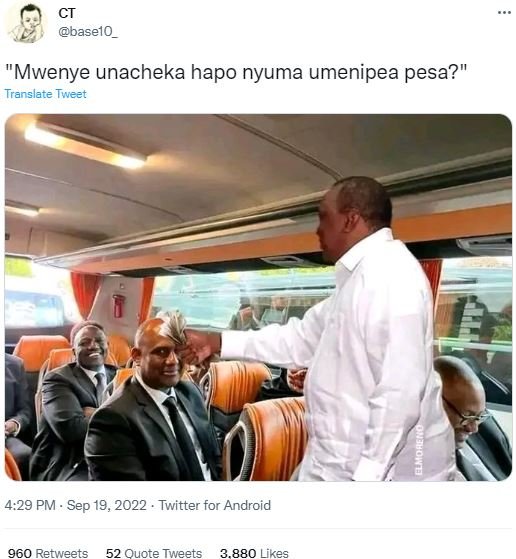 Baselo 'mwenye unacheka hapo nyuma umenipea pesa? translate tweet 4.29 pm sep 19