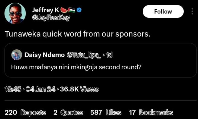 Jeffrey k jayfieakay follow tunaweka quick word from our sponsors daisy ndemo tl
