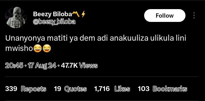 Beezy biloba 4 ee biloba follow unanyonya matiti ya dem adi anakuuliza ulikula l