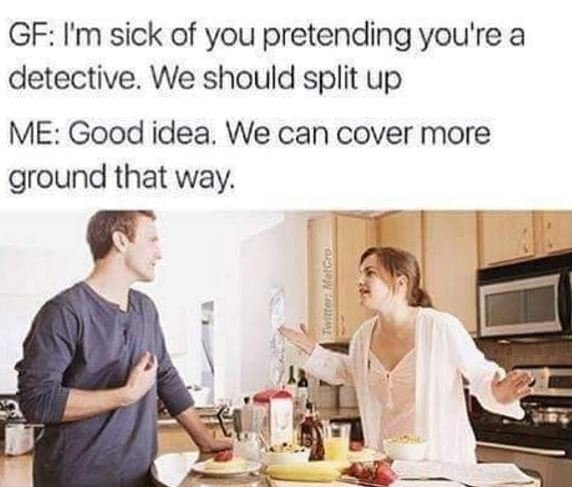 Gf i'm sick of you pretending you're a detective. we should split up me good ide