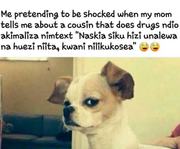 Me pretendina to be shocked when my mom tells me about a cousin that does drugs