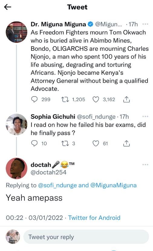 Tweet Dr. Miguna Miguna Migun_ 17h As Freedom Fighters mourn Tom Okwach who is b