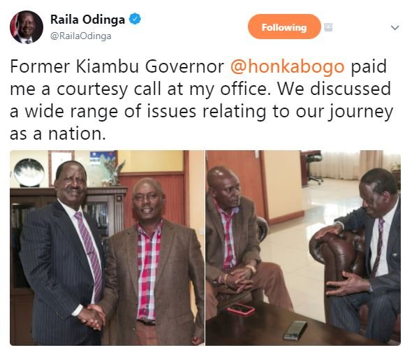 Raila odinga railaodinga following former kiambu governor honkabogo paid me cour
