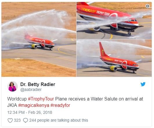 Dr. betty radier aabradier worldcup trophytour plane receives a water salute on