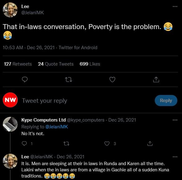 Lee JelaniMK That inlaws conversation, Poverty is the problem_ 10.53 AM Dec 26,