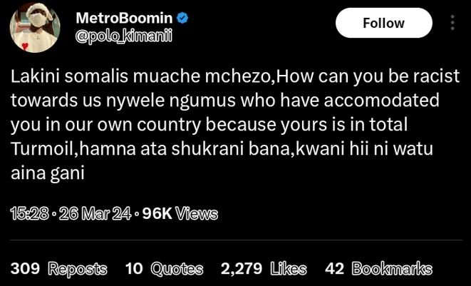 Metroboomin ppolo kimanii follow lakini somalis muache mchezo,how can you be rac