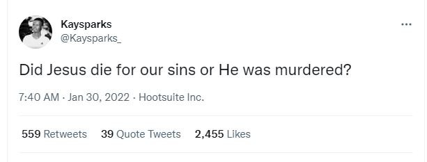 Kaysparks Kaysparks Did Jesus die for our sins or He was murdered? 7.40 AM Jan 3