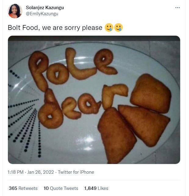 Solanjez Kazungu EmilyKazungu Bolt Food, we are sorry please 6le 78p0 1.18 PM Ja