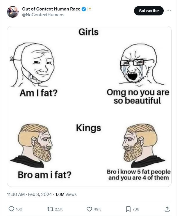 Out of context human race nocontexthumans subscribe girls am fat? omg no you are