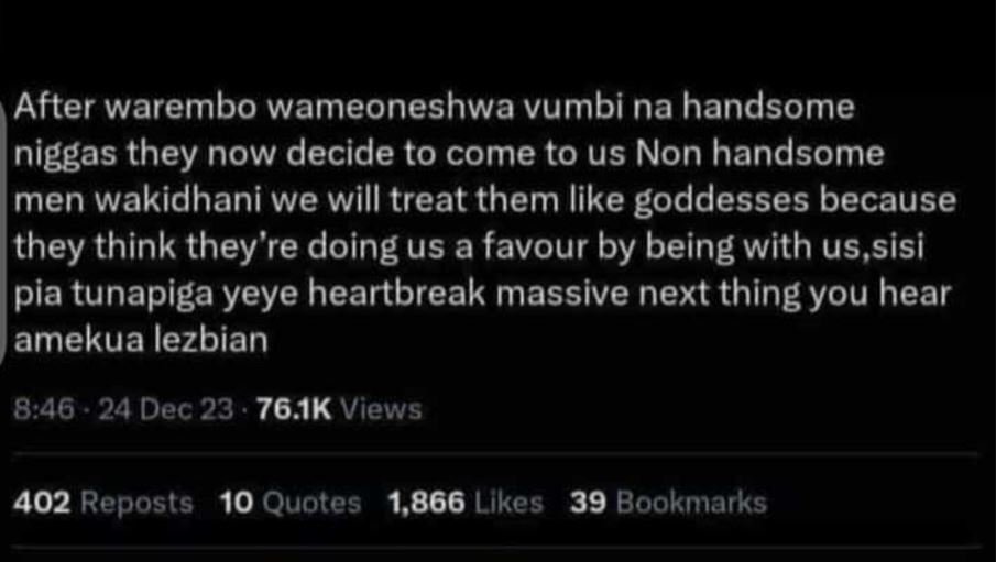 After warembo wameoneshwa vumbi na handsome niggas they now decide to come to us