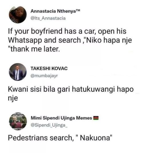 Annastacia NthenyatM Its_Annastacia If your boyfriend has a car, open his Whatsa