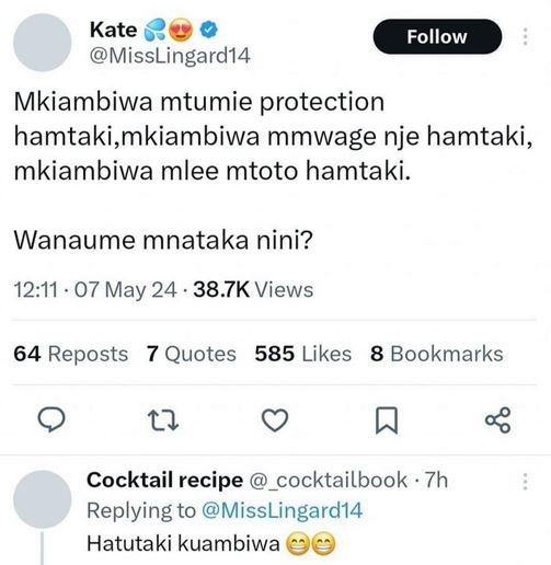 Kate misslingard14 follow mkiambiwa mtumie protection hamtaki,mkiambiwa mmwage n