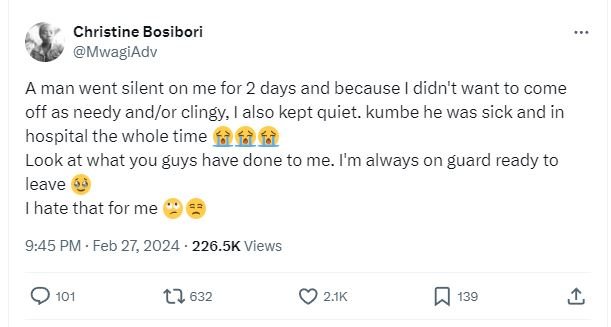 Christine bosibori mwagiadv a man went silent on me for 2 days and because didn'