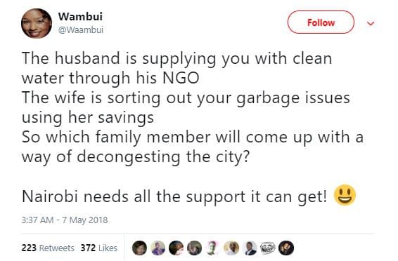 Wambui waambui follow the husband is supplying you with clean water through his