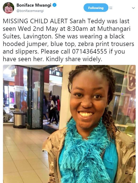 Boniface mwangi bonifacemwangi following missing child alert sarah teddy was las