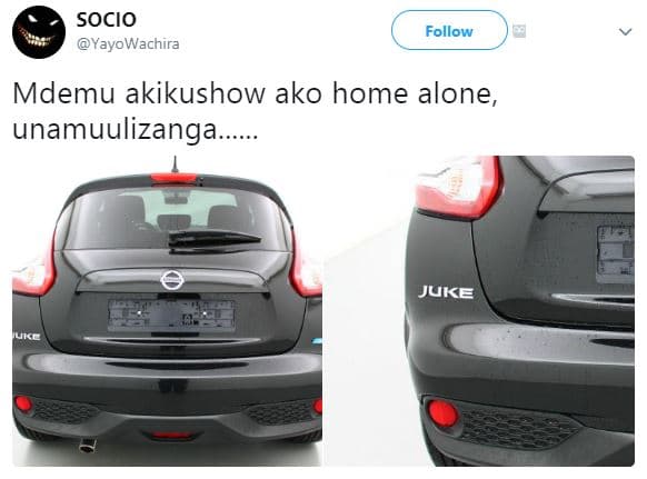 Socio yayowachira follow mdemu akikushow ako home alone unamuulizanga .. juke