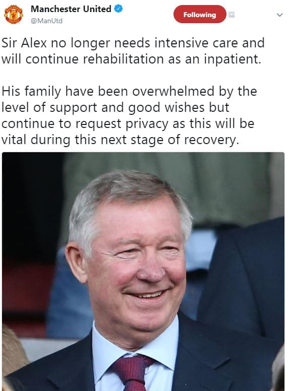 Manchester united manutd following sir alex no longer needs intensive care and w