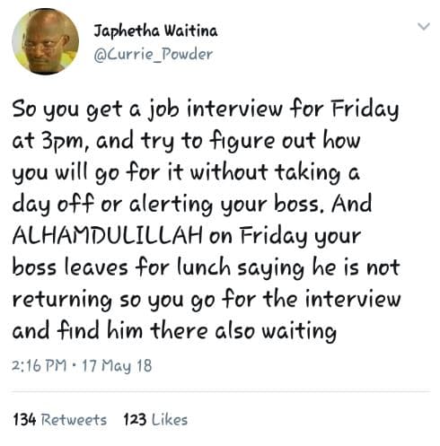 Japhetha waitina currie powder s0 you get a job interview for friday gt 3pm, gnd