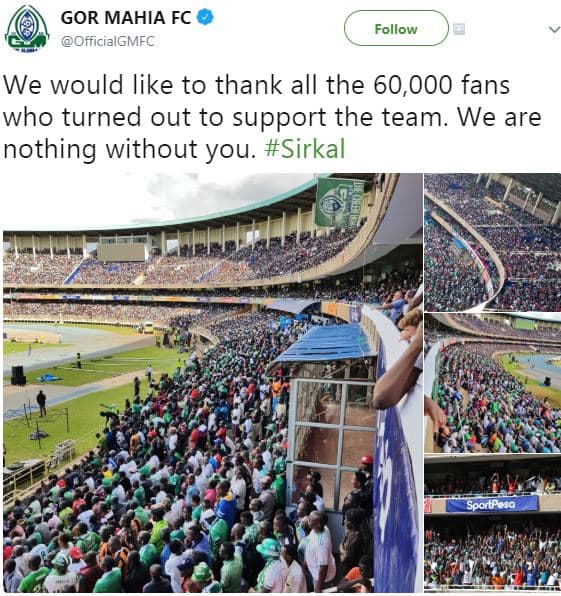 Gor mahia fc officialgmfc follow we would like to thank all the 60,000 fans who