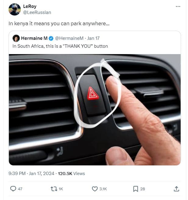 Leroy leerussian kenya it means you can park anywhere. hermaine m hermainem jan