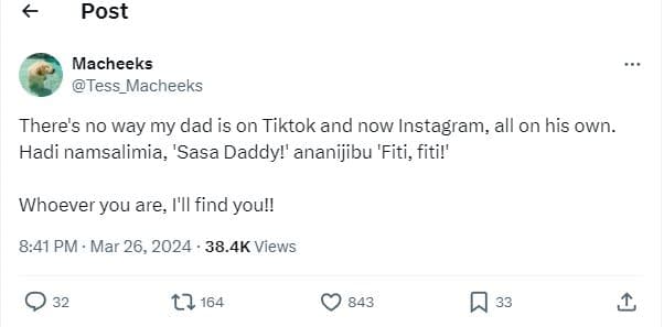 Post macheeks tess_macheeks there's no way my dad is on tiktok and now instagram